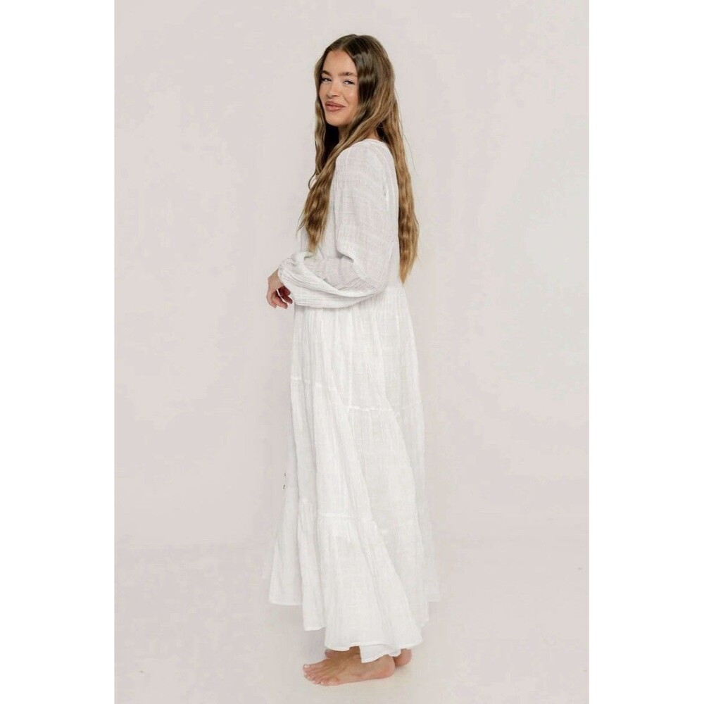 H&M White Oversized Band Collared Button Long Sleeve Tiered Maxi Dress Size M